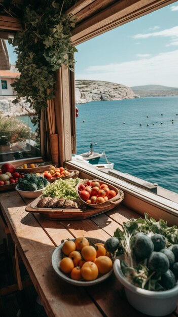 Un tavolo di prodotti freschi si trova su un balcone con vista sul mare.