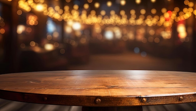 un tavolo di quercia vuoto e luci sfocate sullo sfondo bokeh