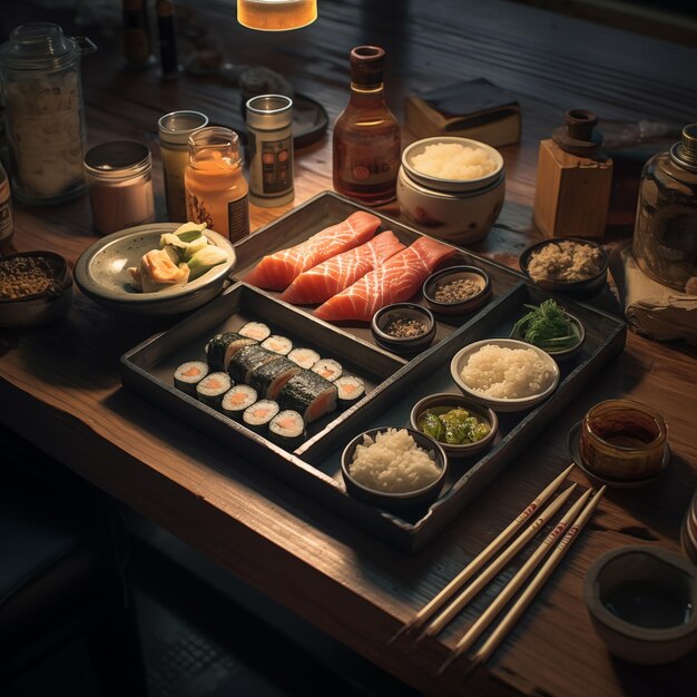 un tavolo di sushi al forno che rende gli ingredienti della cucina tradizionale