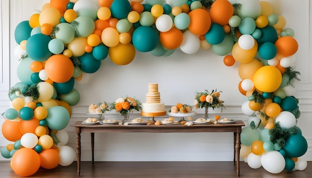 un tavolo di torte con una torta e palloncini su di esso