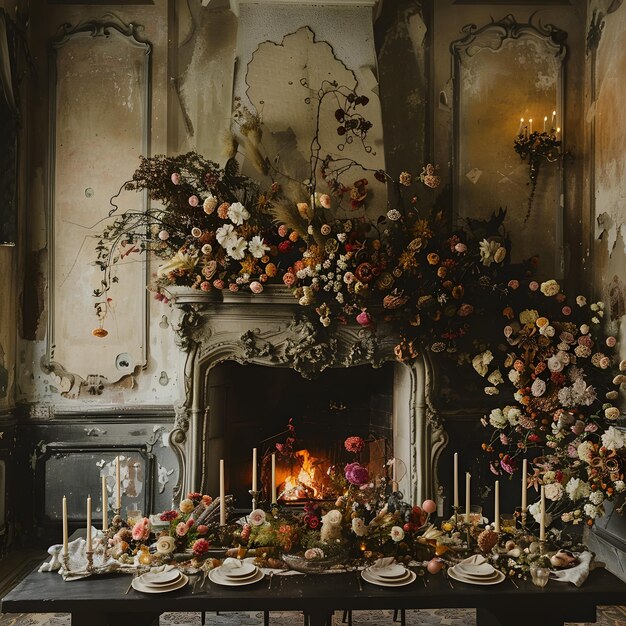 Un tavolo è posto davanti a un camino decorato con fiori e candele