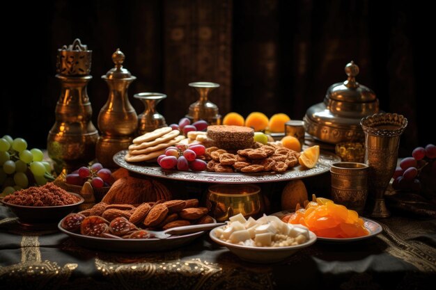 Un tavolo festivo carico di dolcetti di celebrazione durante l'Eid al-Fitr