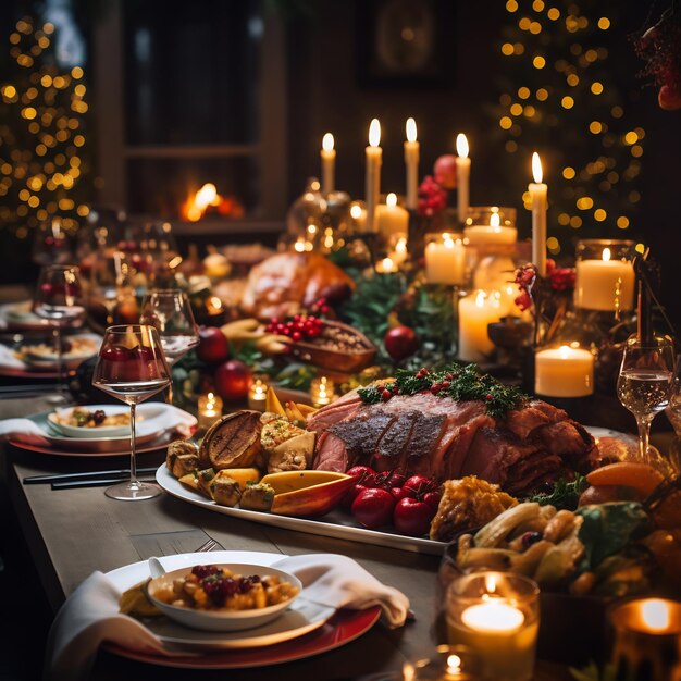 Un tavolo festivo decorato con candele tradizionali di festa di Natale che trasmettono la cucina