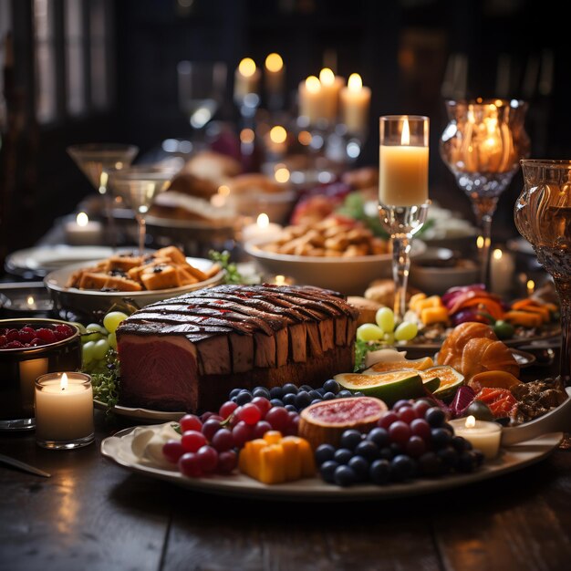 Un tavolo festivo decorato con candele tradizionali di festa di Natale che trasmettono la cucina