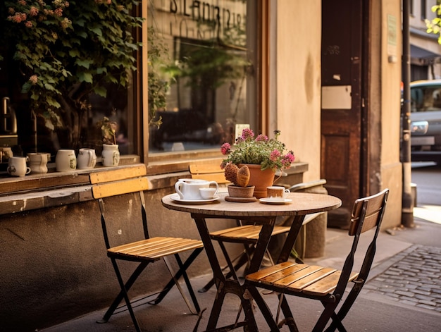 Un tavolo fuori da un caffè con un'insegna che dice "caffè la vecchia".