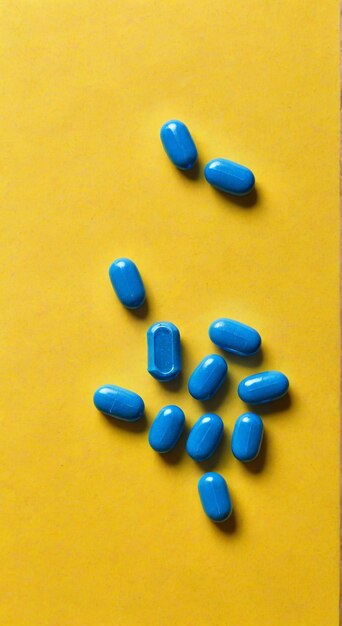 un tavolo giallo con delle pillole blu