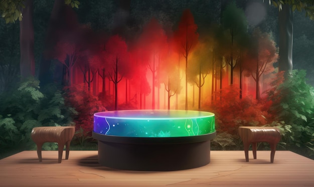 Un tavolo illuminato in una foresta con sopra un anello arcobaleno.