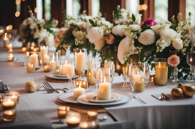 un tavolo impostato per un matrimonio con fiori e candele