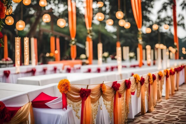 Un tavolo impostato per un matrimonio con lanterne arancioni e bianche.