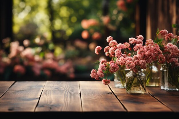 Un tavolo in legno con fiori primaverili ed erba verde AI generativo