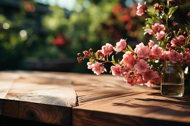 Un tavolo in legno con fiori primaverili ed erba verde AI generativo