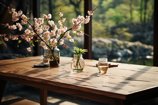 Un tavolo in legno con fiori primaverili ed erba verde AI generativo