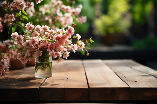 Un tavolo in legno con fiori primaverili ed erba verde AI generativo