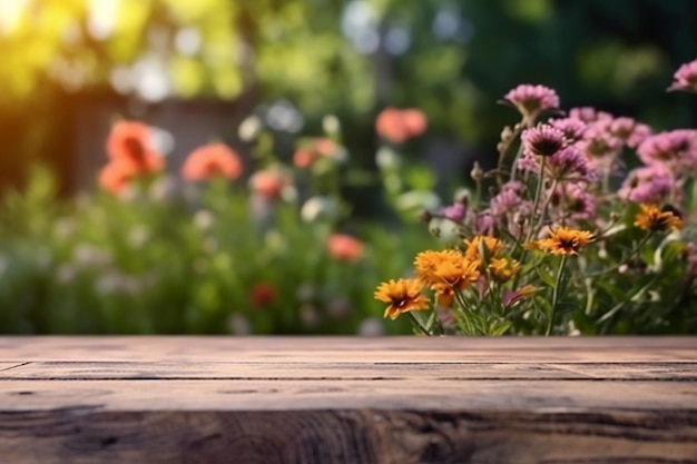 Un tavolo in legno con fiori sullo sfondo