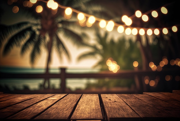 Un tavolo in legno con luci bokeh e una vista di un ambiente tropicale