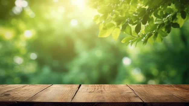 Un tavolo in legno con sfondo verde e un ramo di un albero sullo sfondo