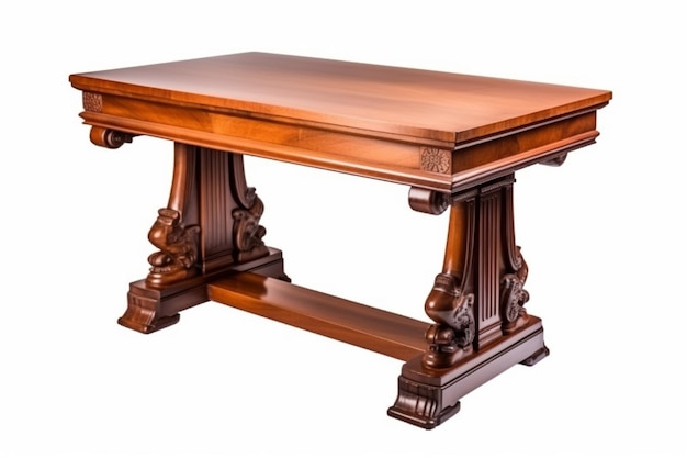 Un tavolo in legno con un solo cassetto si trova su uno sfondo bianco.