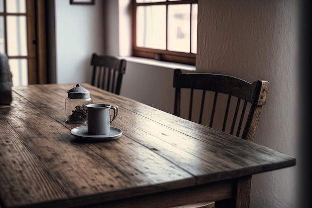 Un tavolo in legno con una vista sfocata dell'interno della stanza