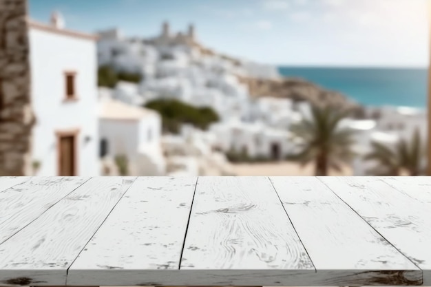 Un tavolo in legno con vista su un villaggio mediterraneo sullo sfondo