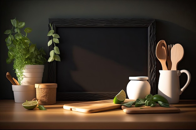 Un tavolo in legno illuminato dal sole con una cornice lavagna vuota e utensili da cucina