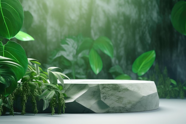 Un tavolo in marmo con sopra delle piante e uno sfondo verde con sopra una pianta.