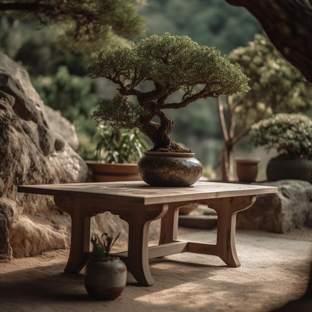 Un tavolo in miniatura con sopra un bonsai