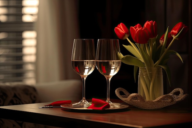 Un tavolo in salotto o in casa con due flute di champagne e fiori di tulipano rosso per San Valentino una serata romantica e le feste