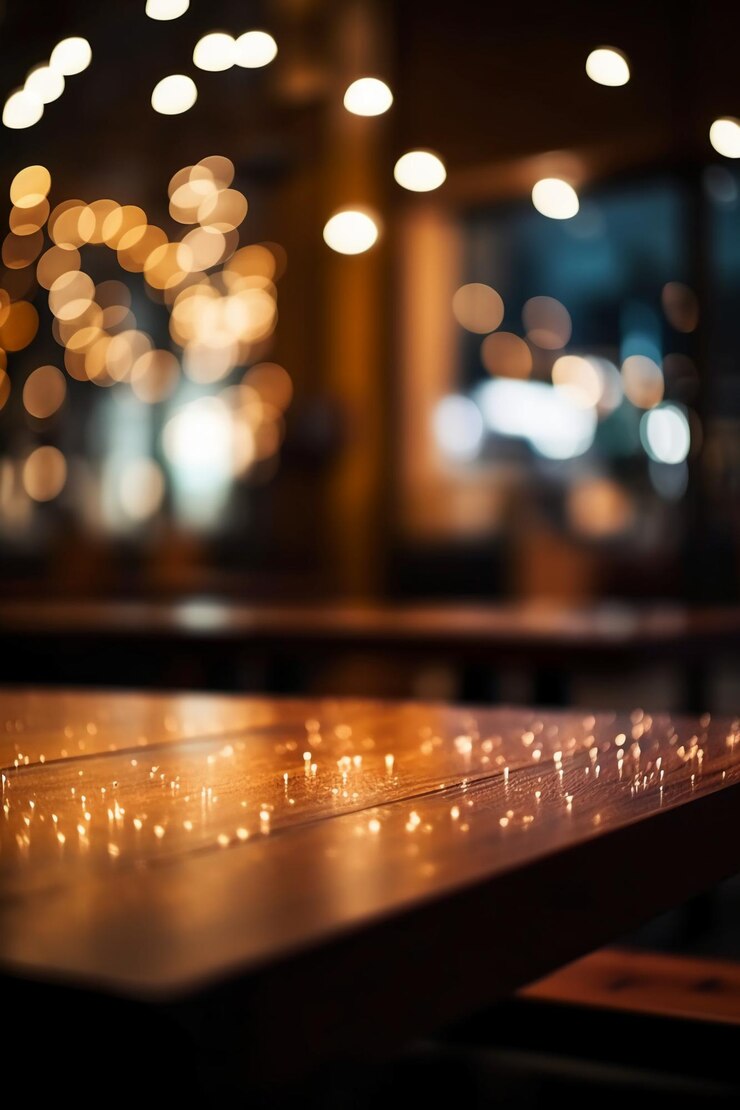 Un tavolo in un bar con luci sullo sfondo