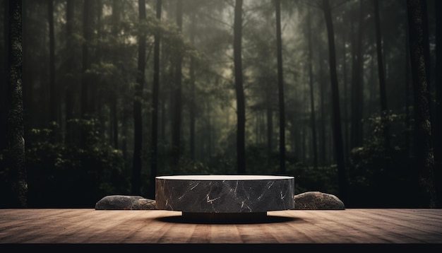 Un tavolo nel bosco con una panca in pietra e un tavolo con una pietra e un tavolo in legno