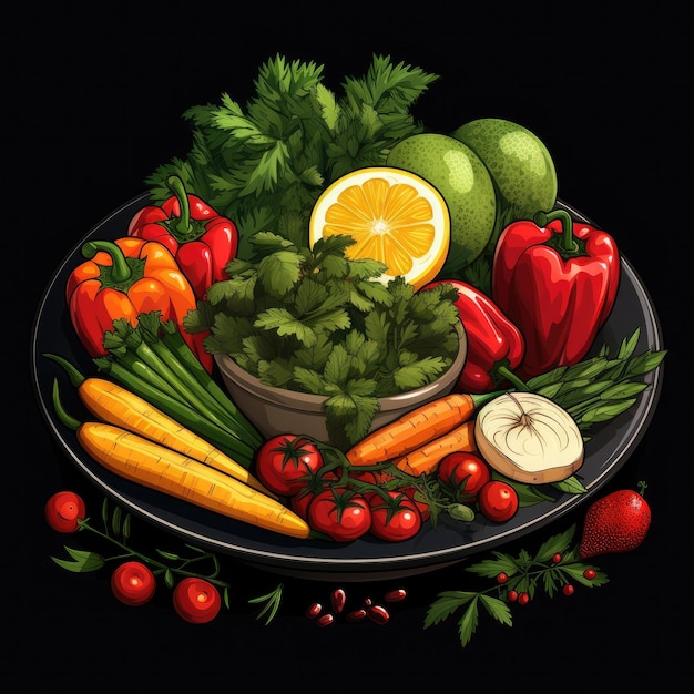 Un tavolo nero contiene un piatto di frutta e verdura AI generativa