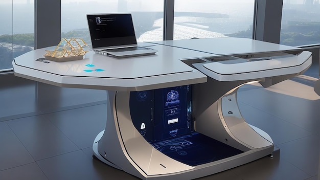 Un tavolo PC avanzato per uno spazio di lavoro futuristico con tecnologia integrata e brillantezza ergonomica