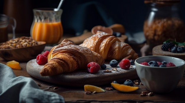 Un tavolo per la colazione con croissant e una tazza di caffè