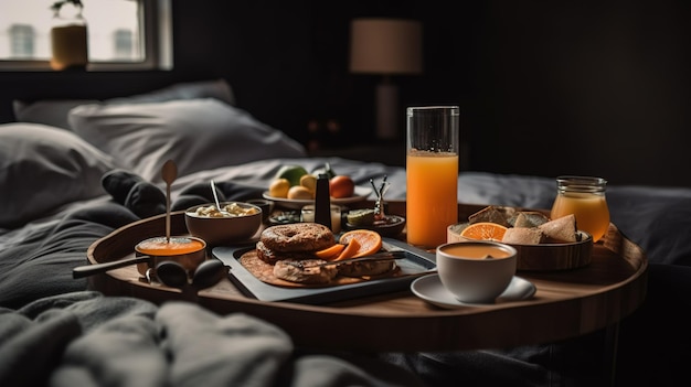 Un tavolo per la colazione con un bicchiere di succo d'arancia e un piatto di cibo sopra.