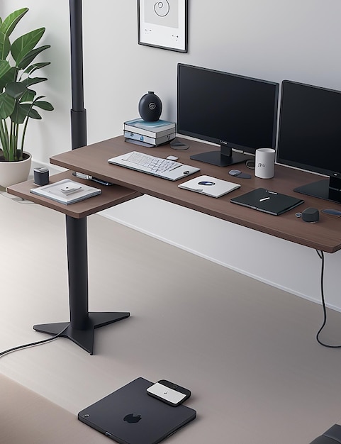 Un tavolo per PC futuristico dove l'eleganza minimalista incontra una funzionalità ineguagliabile nel dominio digitale