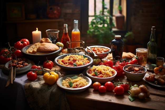 Un tavolo pieno di cibo, compresa la pasta.