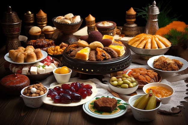 Un tavolo pieno di cibo compreso un piatto di cibo e un piatto di cibo.