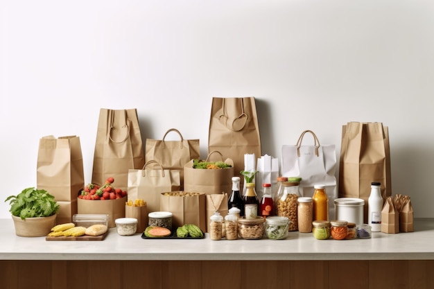 Un tavolo pieno di cibo e un sacchetto di cibo