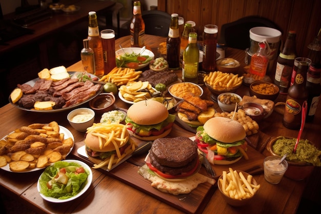 Un tavolo pieno di cibo tra cui hamburger, patatine fritte e birra.