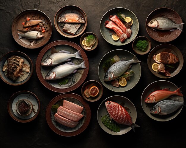 un tavolo pieno di cibo tra cui pesce, pesce e verdure.