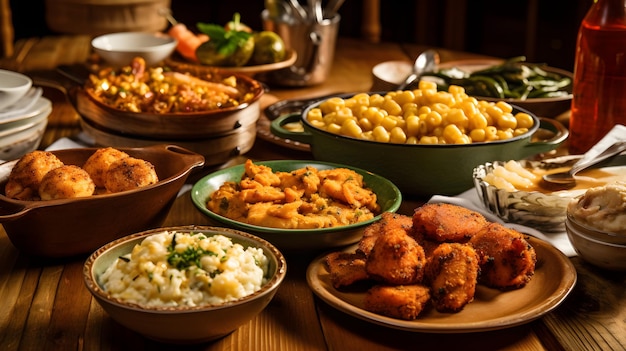 Un tavolo pieno di cibo tra cui pollo, riso e altri piatti.
