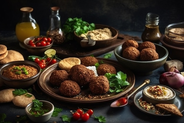 Un tavolo pieno di cibo tra cui un falafel e una ciotola di hummus.