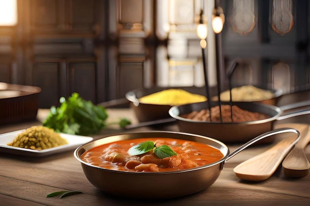 Un tavolo pieno di cibo tra cui una ciotola di pomodoro al curry.