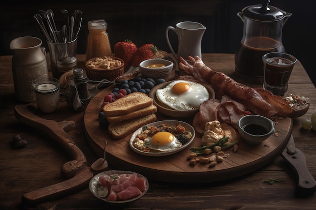 Un tavolo pieno di cibo tra cui una colazione a base di uova, pancetta e frutta