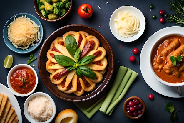 Un tavolo pieno di cibo tra cui una scodella di zuppa, broccoli e altri alimenti.