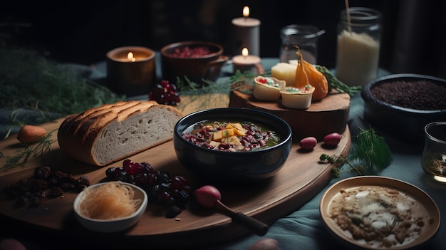 Un tavolo pieno di cibo tra cui una scodella di zuppa e un piatto di cibo