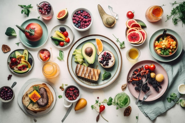 Un tavolo pieno di cibo tra cui una varietà di frutta e verdura.