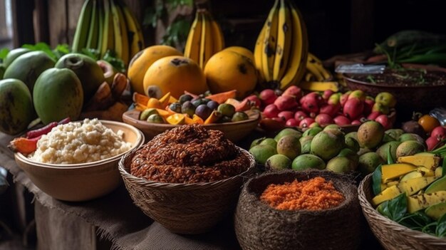 Un tavolo pieno di cibo tra cui una varietà di frutta e verdura.