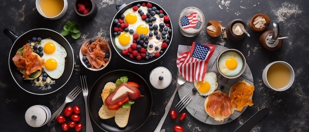 Un tavolo pieno di cibo tra cui uova, pancetta e bandiera americana.