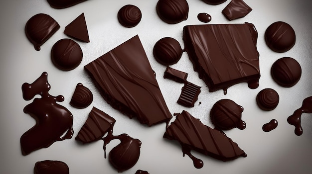 Un tavolo pieno di cioccolatini con uno sfondo bianco e un pezzo di cioccolato fondente sulla destra.