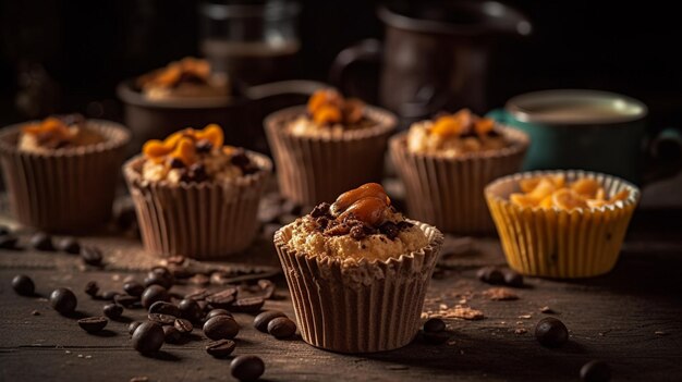 Un tavolo pieno di cupcakes con chicchi di caffè sopra